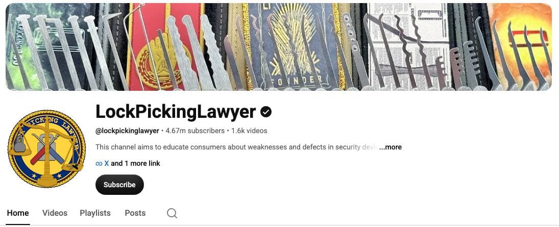 The LockPickingLawyer’s YouTube channel page: a banner of lock picks laid out in rows, a verified channel name, and a line reading 4.67m subscribers and 1.6k videos above a description about educating consumers on weaknesses in security devices.