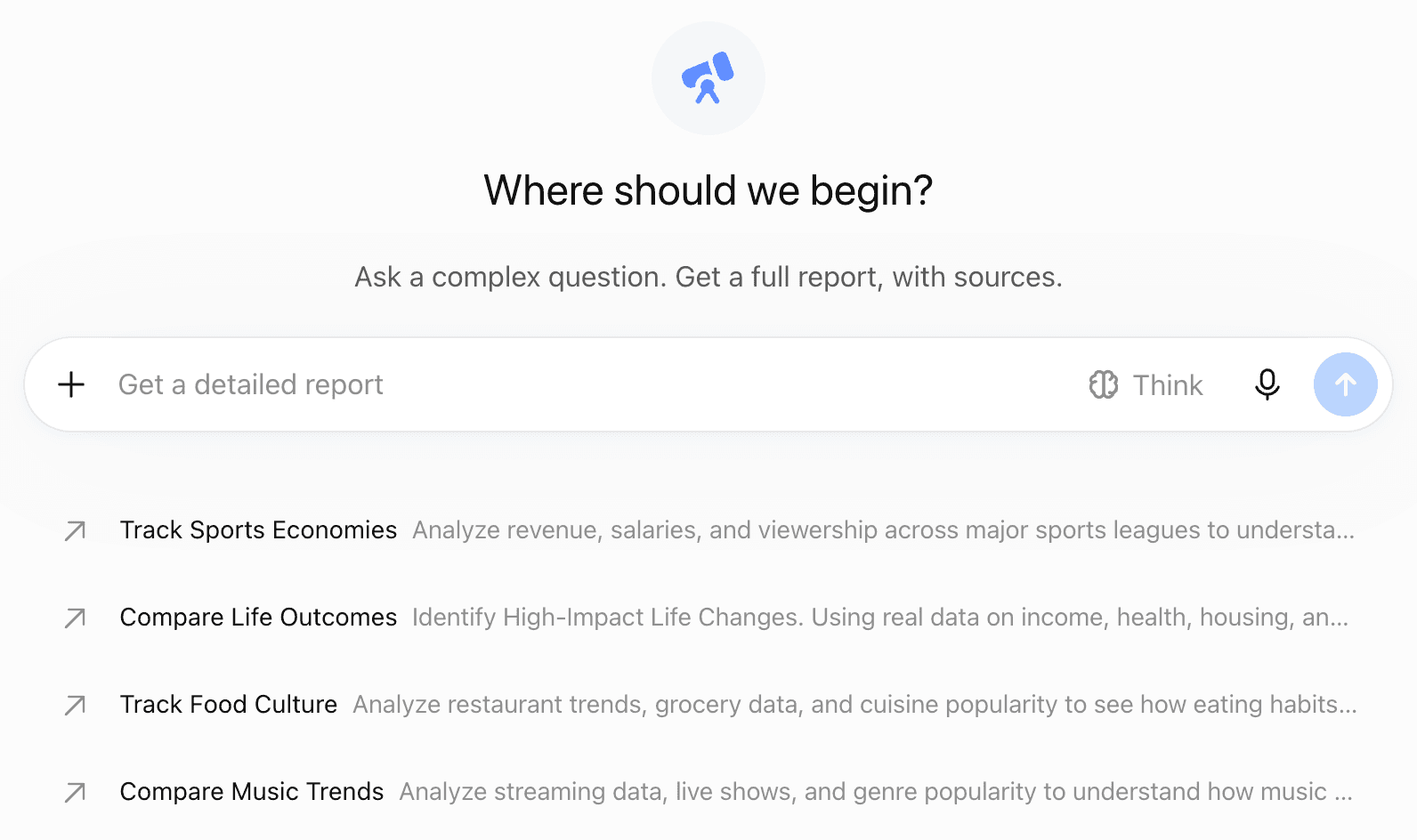 ChatGPT’s deep research screen, headed “Where should we begin?” above a prompt box labelled “Get a detailed report”, with suggested research tasks listed underneath.