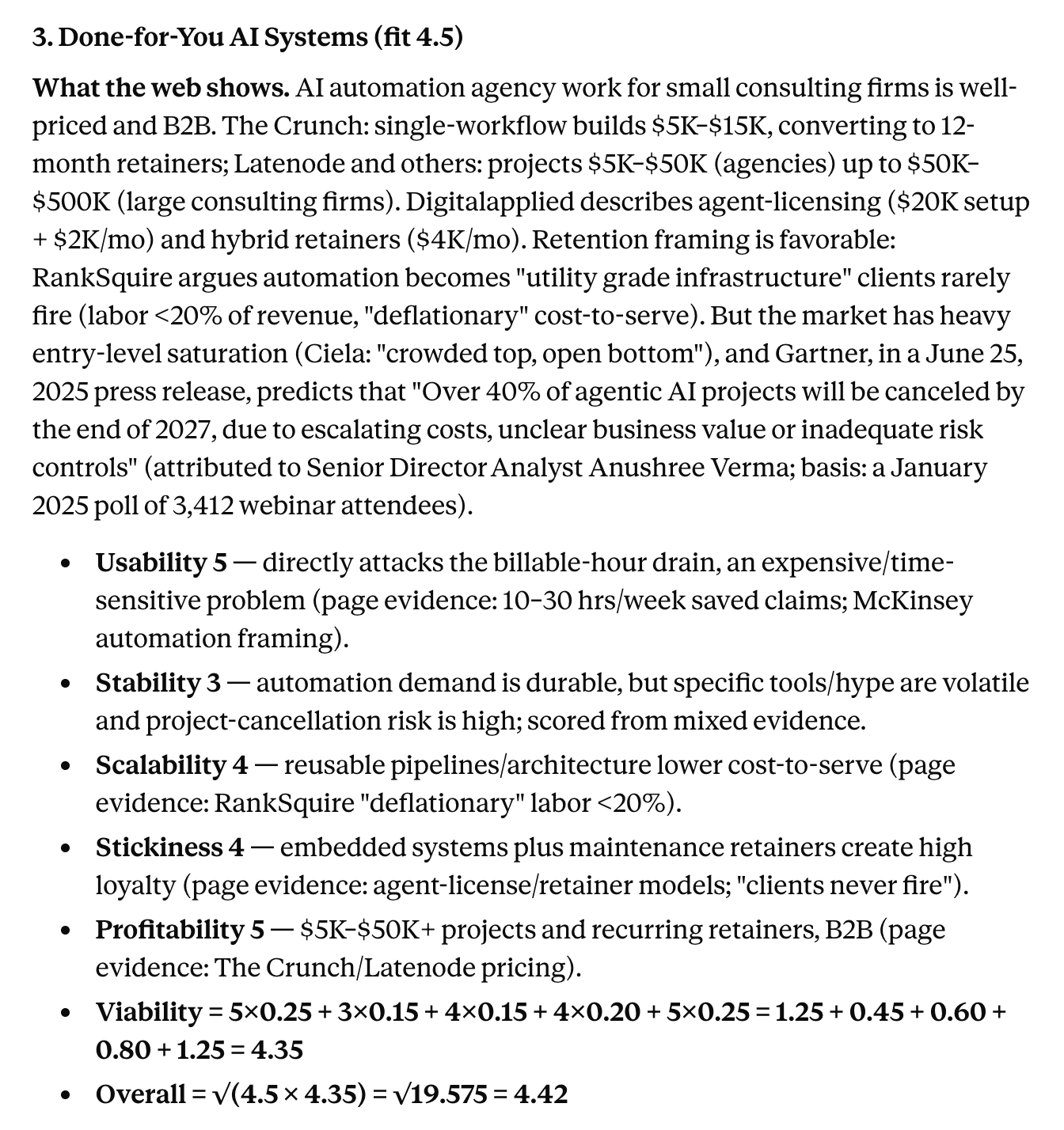 One entry from the finished study: a niche name with its fit score, a “What the web shows” paragraph citing prices and sources found online, then the five parameter scores each with a reason, and the viability and overall arithmetic worked out in full.